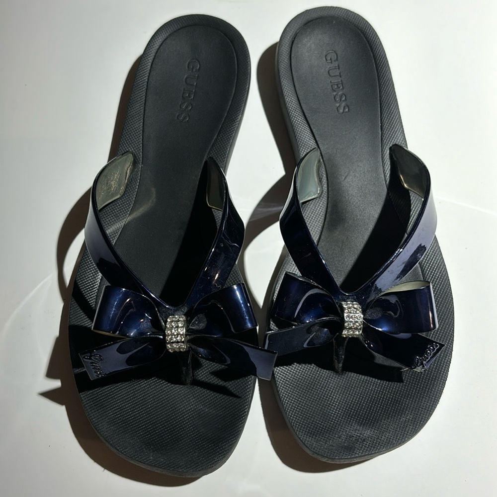 Guess Flip Flop Sandals Navy Strap Bow with Rhinestone Size 7